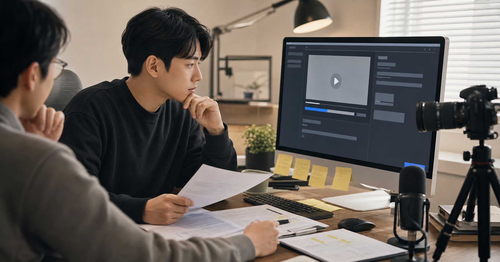 유튜브 영상 게시 전 자료와 표현을 검토하는 명예훼손 사건 재구성 장면